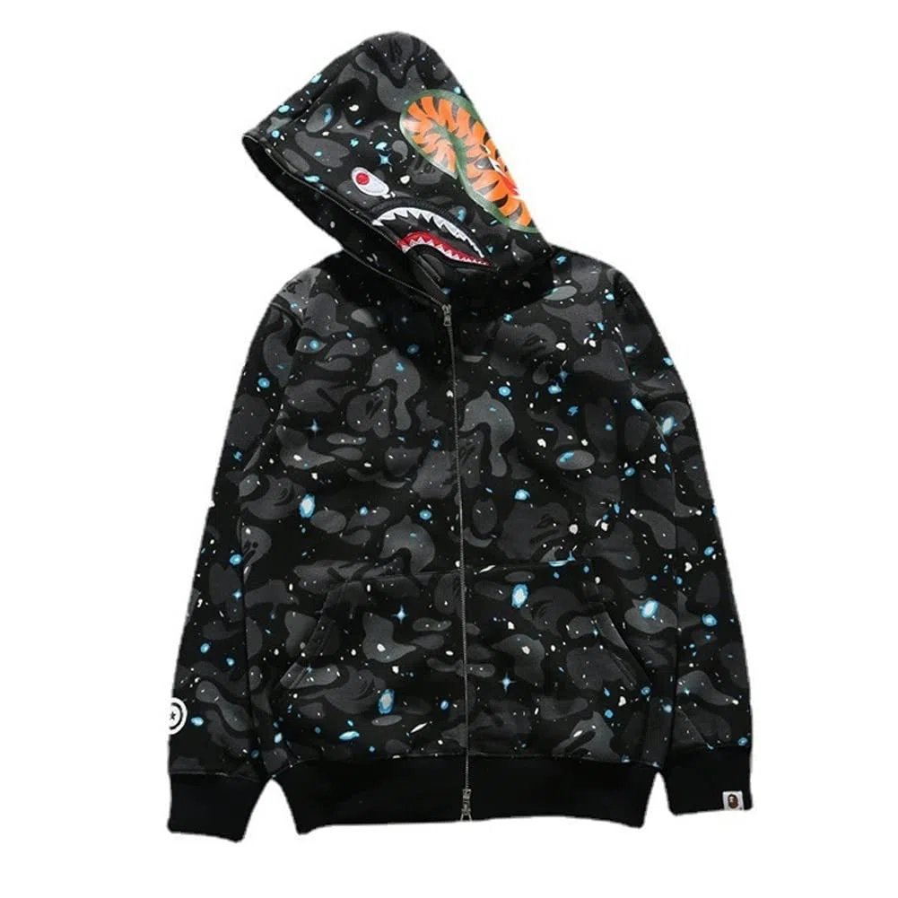 Uomo 3D Stampato Shark Felpa con Cappuccio Hip Hop a Maniche Lunghe Zipper con Cerniera Mimetica Moda Street Wear