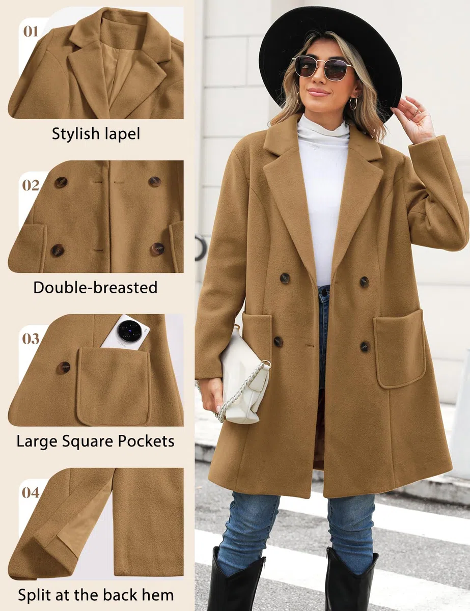 Yuson Girl Cappotto Donna Lungo Elegante Cappotti Lana Autunno e Invernale Cappottino in Lana Caldo Giacca Cardigan Doppiopetto Trench Coat Media Lunghezza Jacket Parka con Tasche