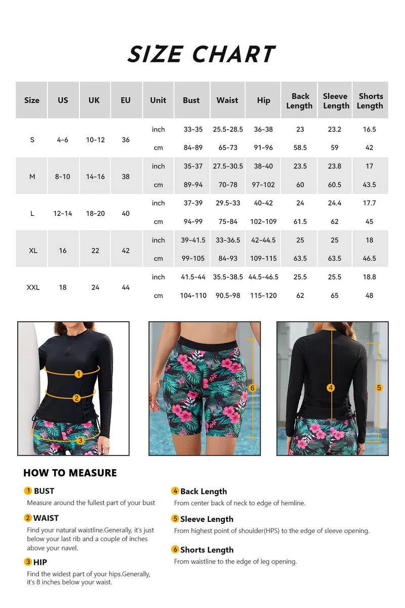 SHEKINI Rashguard, set da 3 pezzi, costume da bagno da donna, con reggiseno integrato, canotta a maniche lunghe, con chiusura lampo