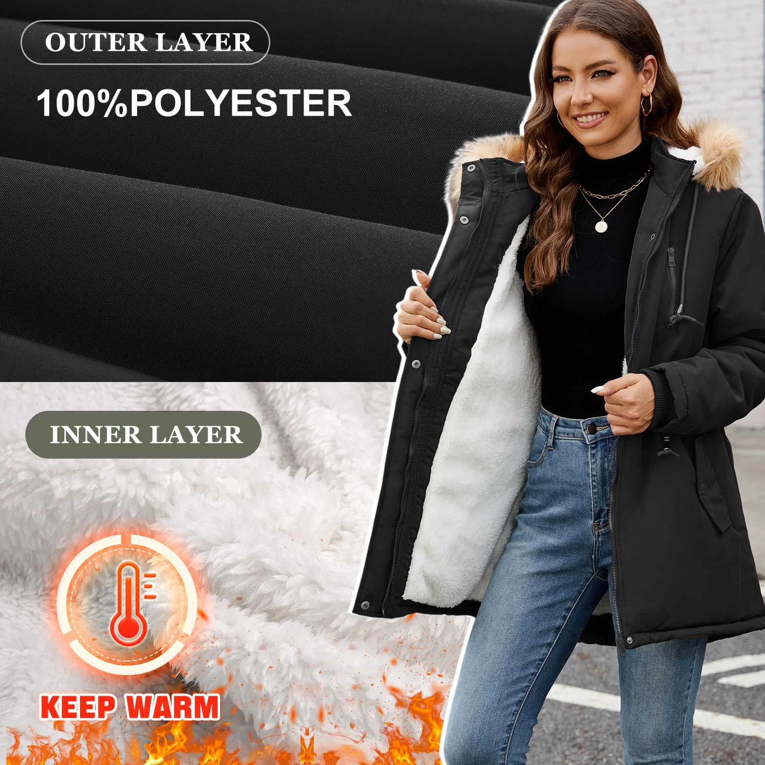 Nadeer Parka Donna Cappotti Invernali Foderato in Pile Giacca con Cappuccio in Pelliccia Sintetica Cappotto Imbottito Giubbotto con Tasche