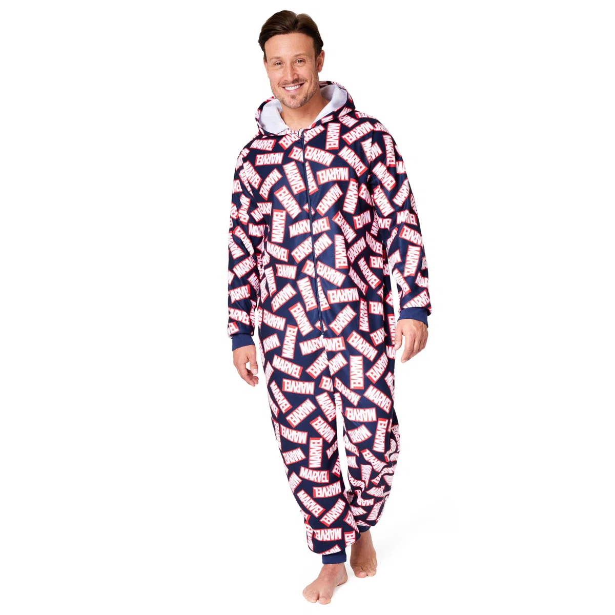 Marvel Pigiama Intero Uomo - Caldo Pigiamone in Pile con Cappuccio e Zip S-2XL - Pigiami Invernali Interi Avengers Gadget Regalo