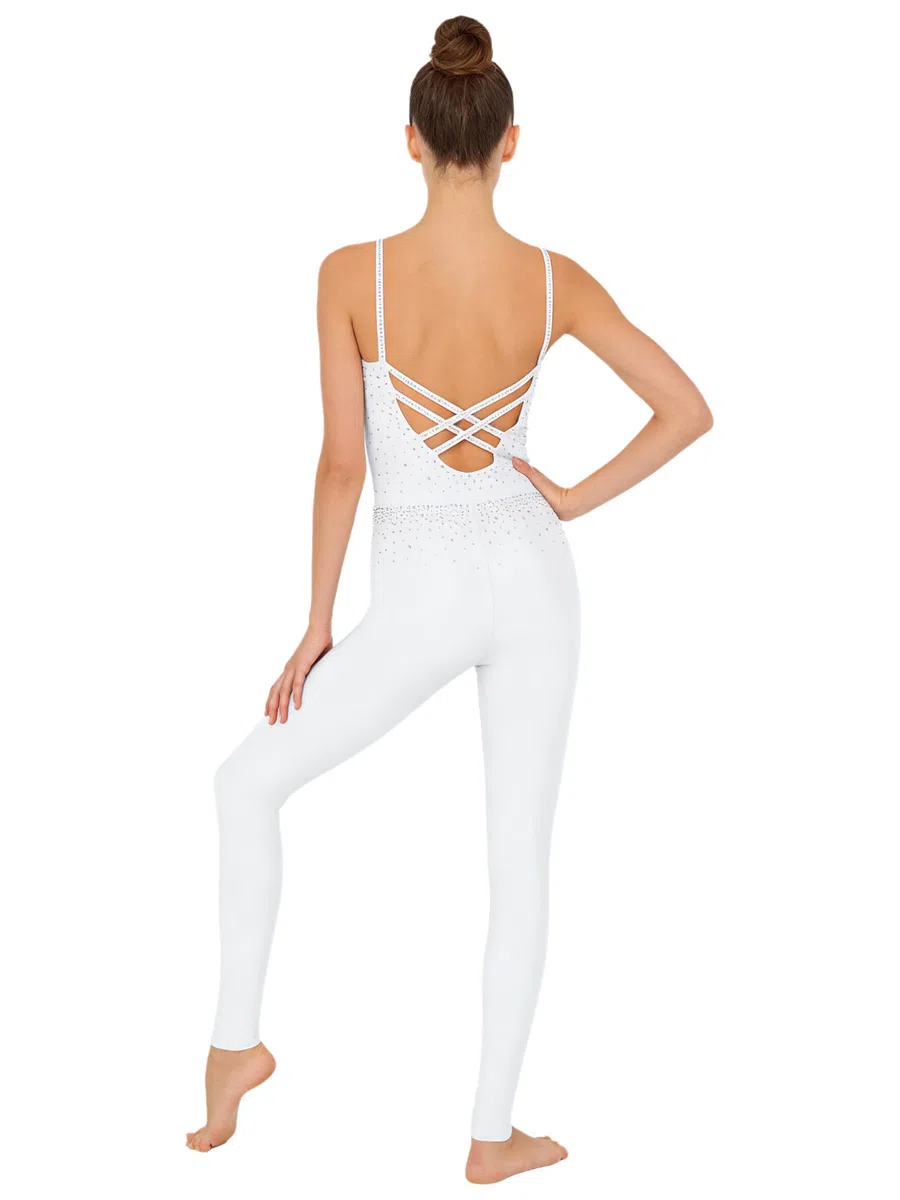 Donna Tuta Intera da Ginnastica Artistica Strass Body Danza Classica Balletto Leotards Senza Manica Jumpsuit Abito da Pattinaggio Artistico
