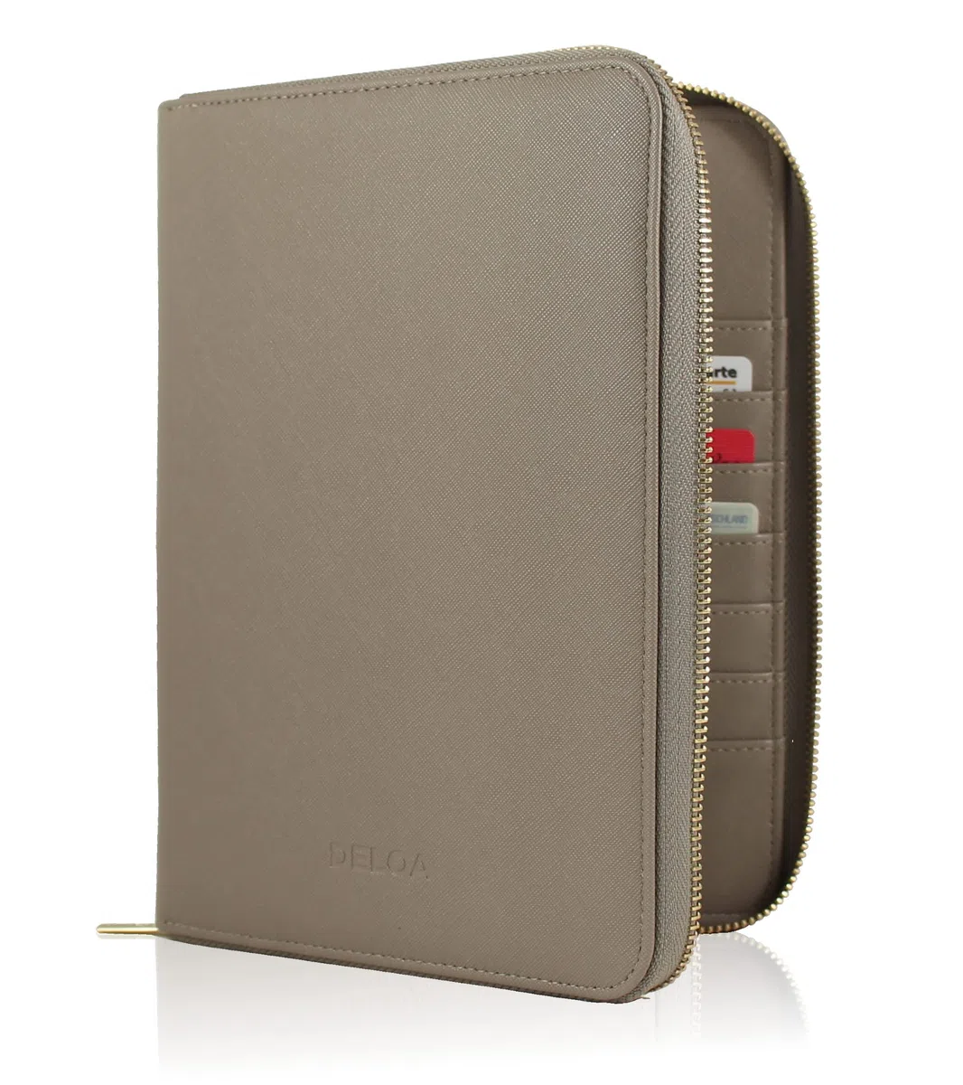 Organizer da viaggio e per famiglie, organizer per quaderni a U 3 in 1, con scomparto per passaporto e passaporto in ecopelle Saffiano, grigio/marrone, 24 cm, Classico