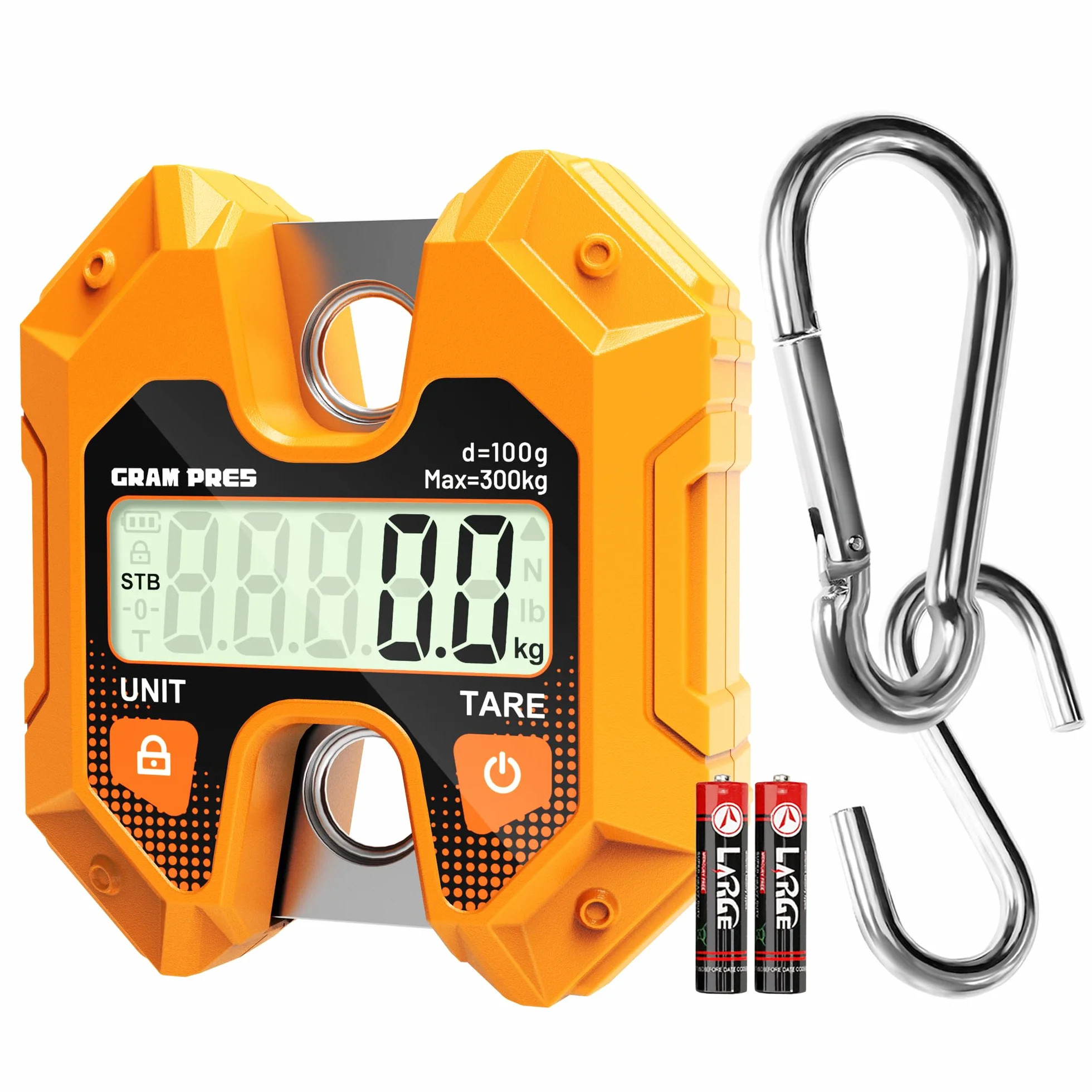 GRAM PRES Bilancia sospesa digitale 660LB/300KG, mini bilancia portatile da caccia ai cervi, bilancia digitale con ganci per fattoria, pesce, carne, selvaggina, bagagli, attività all'aperto.