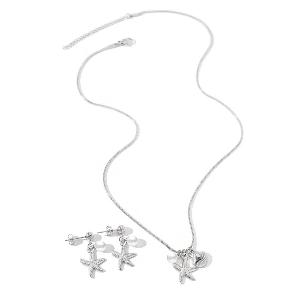 Set Gioielli Stella Marina Conchiglia Perla Collana Orecchini Parure Acciaio Inossidabile Ciondolo Marino Catena Serpente