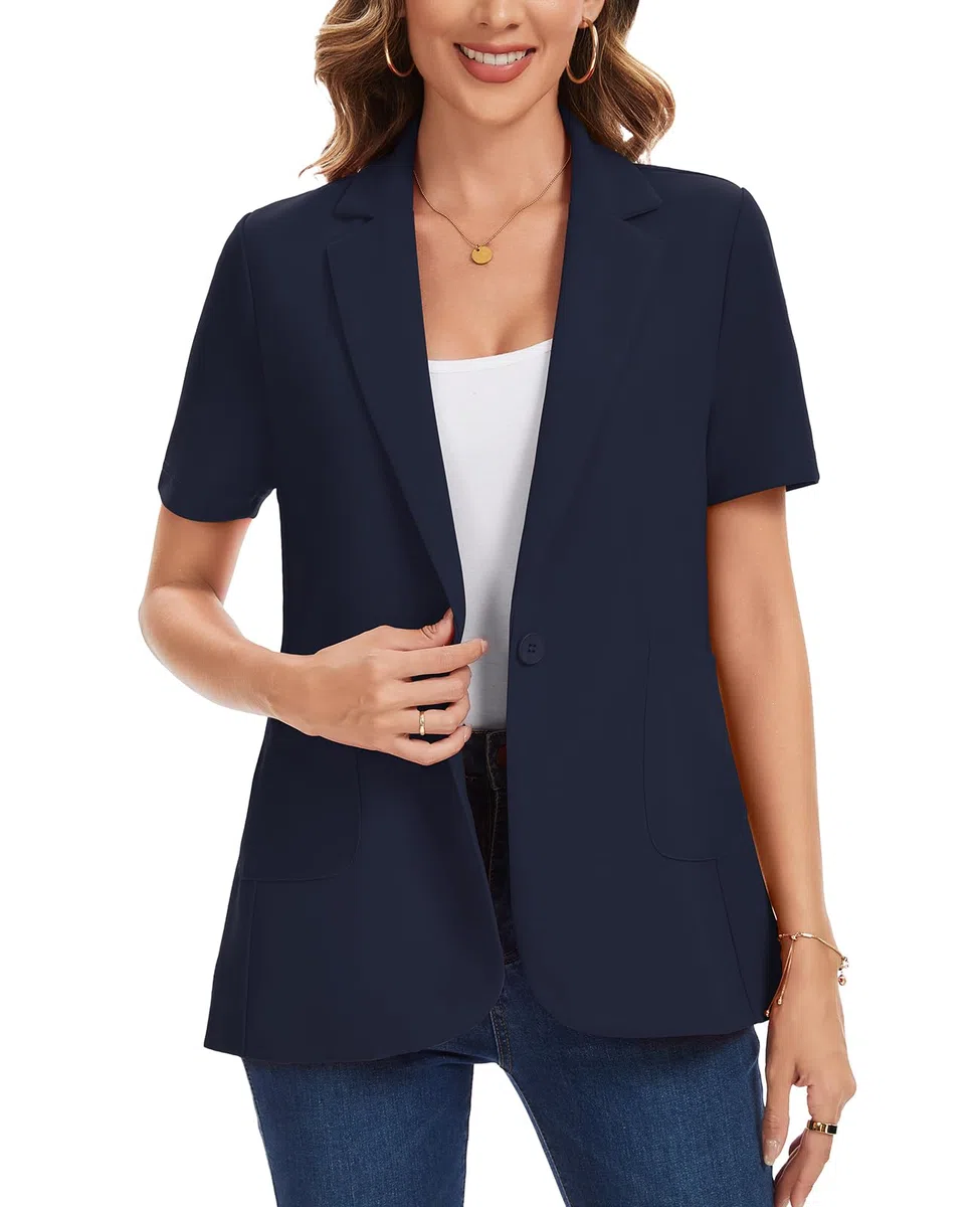 Blazer da donna a maniche corte, leggero, con risvolti a tacca e un bottone, giacche formali da lavoro casual da lavoro cappotto
