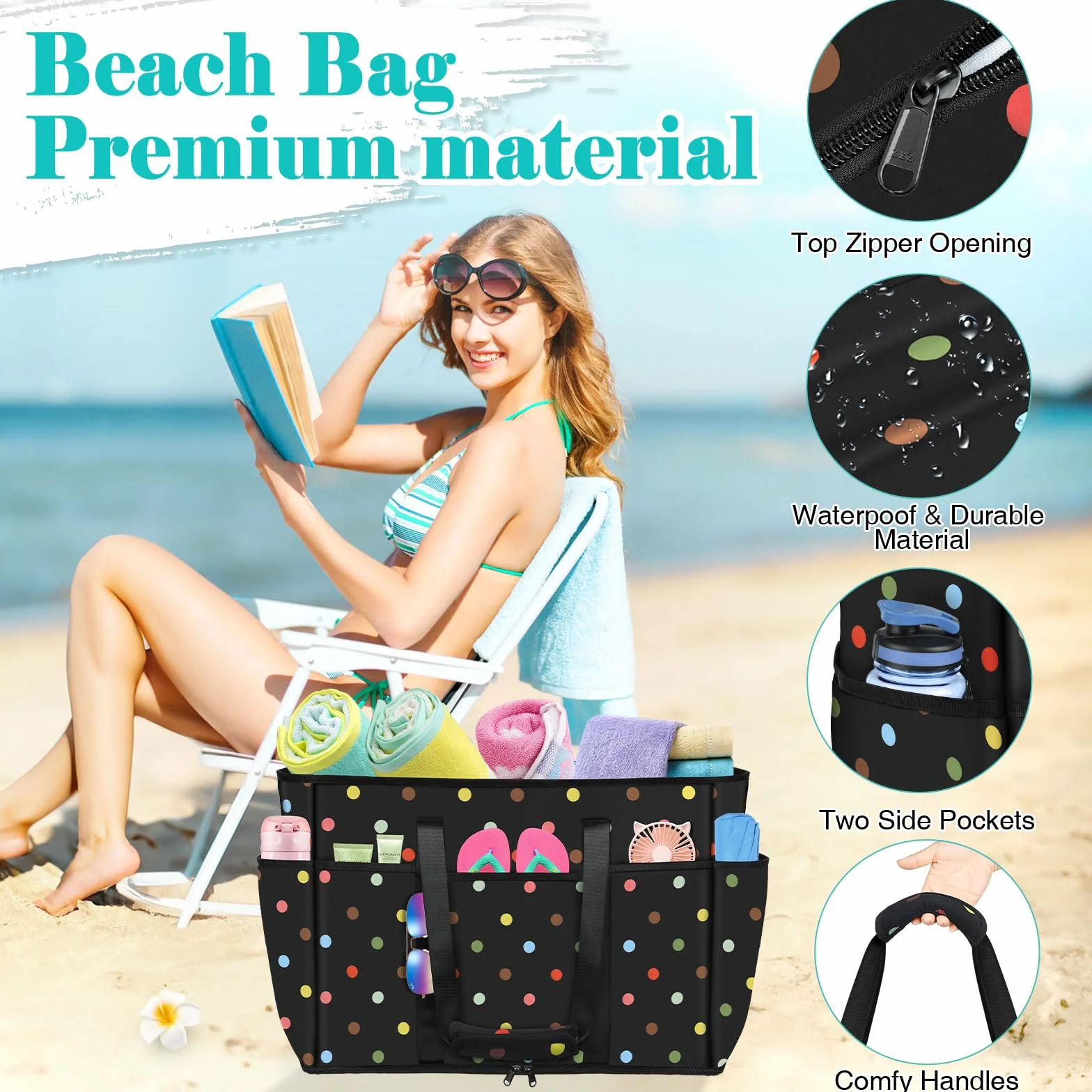 LUROON Borsa Mare Donna Grande XXL, Borsa Spiaggia Donna Famiglia Impermeabile con Zip, Borsa da Mare Beach Pieghevole Borsa Beach Tote Bag per Viaggio Spiaggia Piscina Vacanza