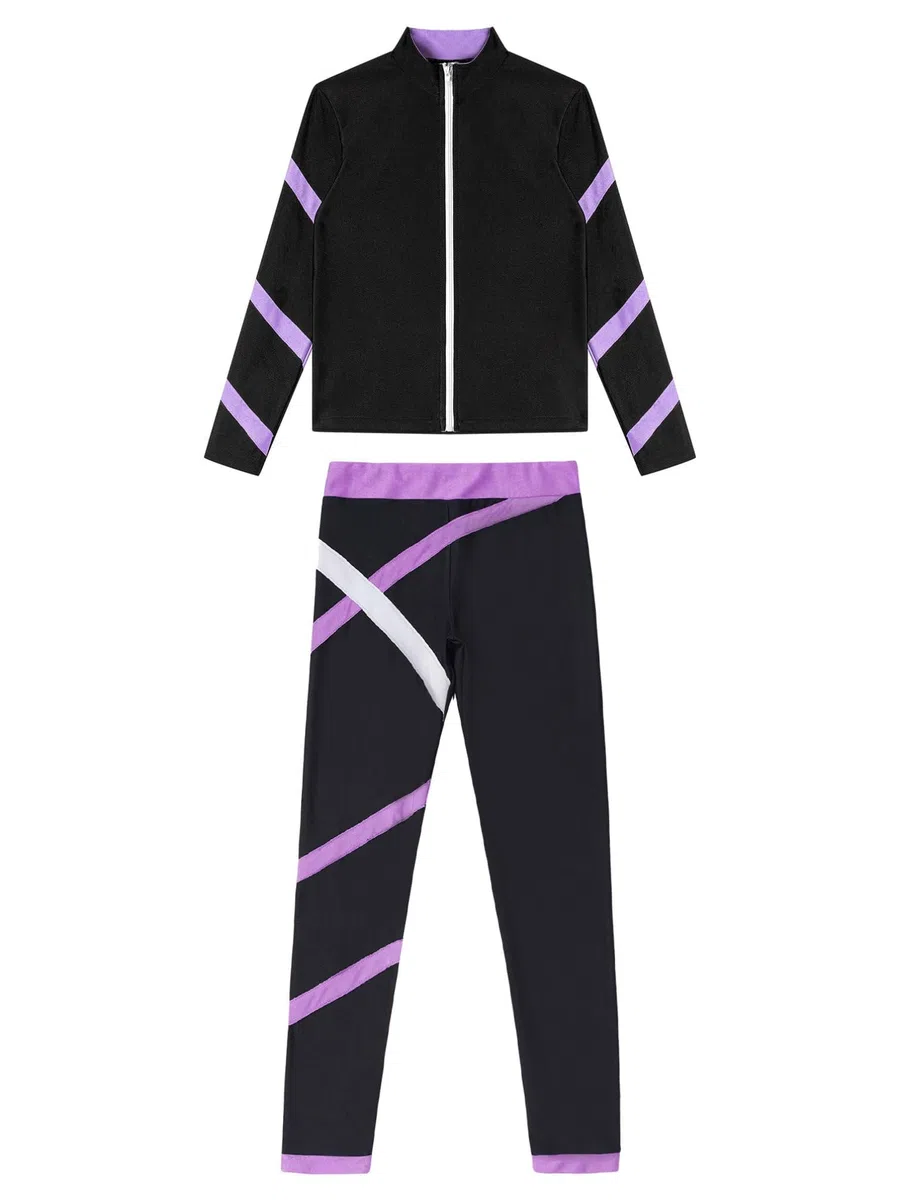 Tuta sportiva per bambini e ragazze, 2 pezzi, con cerniera, felpa con leggings e tuta sportiva senza cuciture