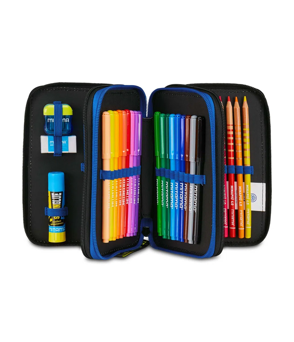 Seven Inter Astuccio Scuola 3 Zip, Blu, Portapenne Triplo Scomparto Completo Di Penne, Matite, Colori, Scuola Elementare, Bambino, calcio
