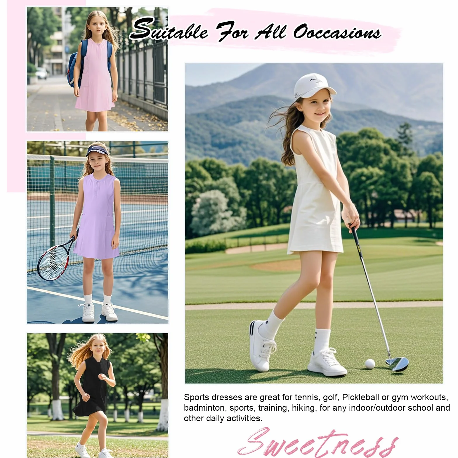 Bezioner Vestito Tennis Ragazze Abito Golf Cerniera Abito Sportivi con Pantaloncini e 4 Tasche Abbigliamento da Padel Bambini