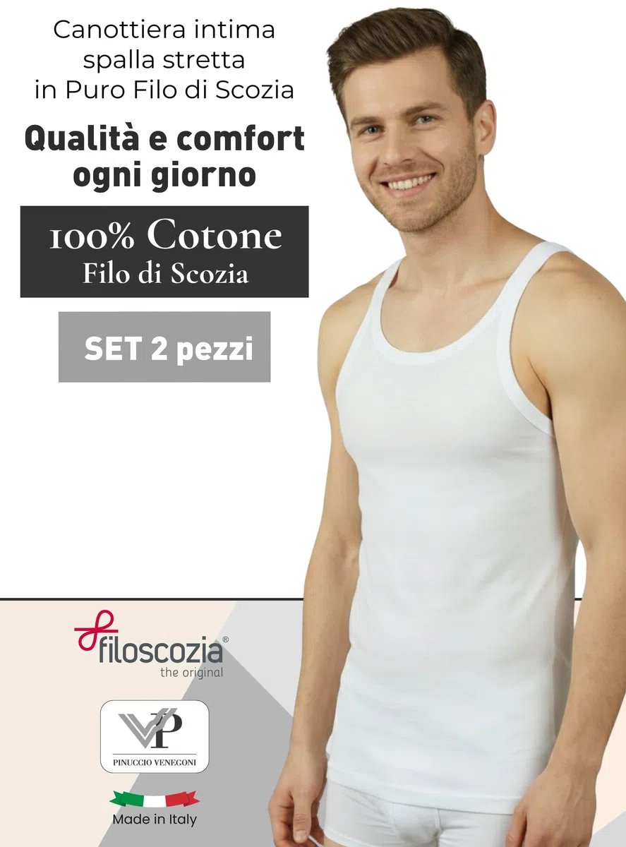 VP PINUCCIO VENEGONI Set 2 Canottiera Uomo Cotone Filo di Scozia Spalla Stretta | Canotta Uomo Bianca Intima, Cuciture Piatte, Filato Certificato, Traspirante, Lavabile in Lavatrice, Made in Italy