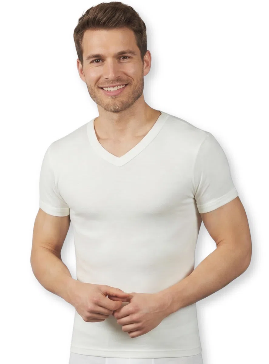 VP PINUCCIO VENEGONI Set 2 Magliette Lana Cotone Uomo Scollo A V, Made in Italy,Maglia Intima Termica, Cotone sulla Pelle, Tshirt Uomo Manica Corta Invernale, Maglietta Termica Bianca, Intimo Termico