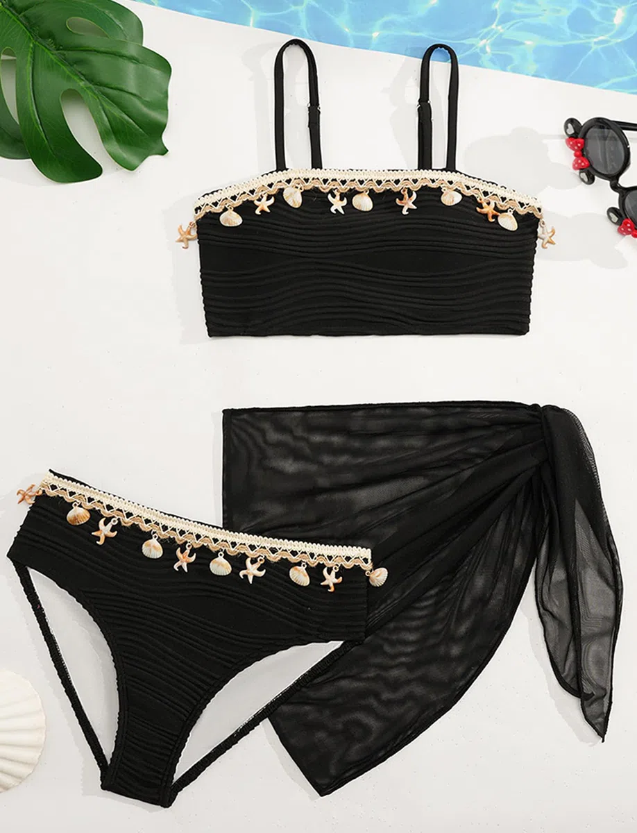 Happy Cherry Bikini Ragazze 3 Pezzi Costume da Bagno Mode Decorazioni di Conchiglie con Gonna da Spiaggia Bambina Costumi Tankini Estivo 8-12 Anni