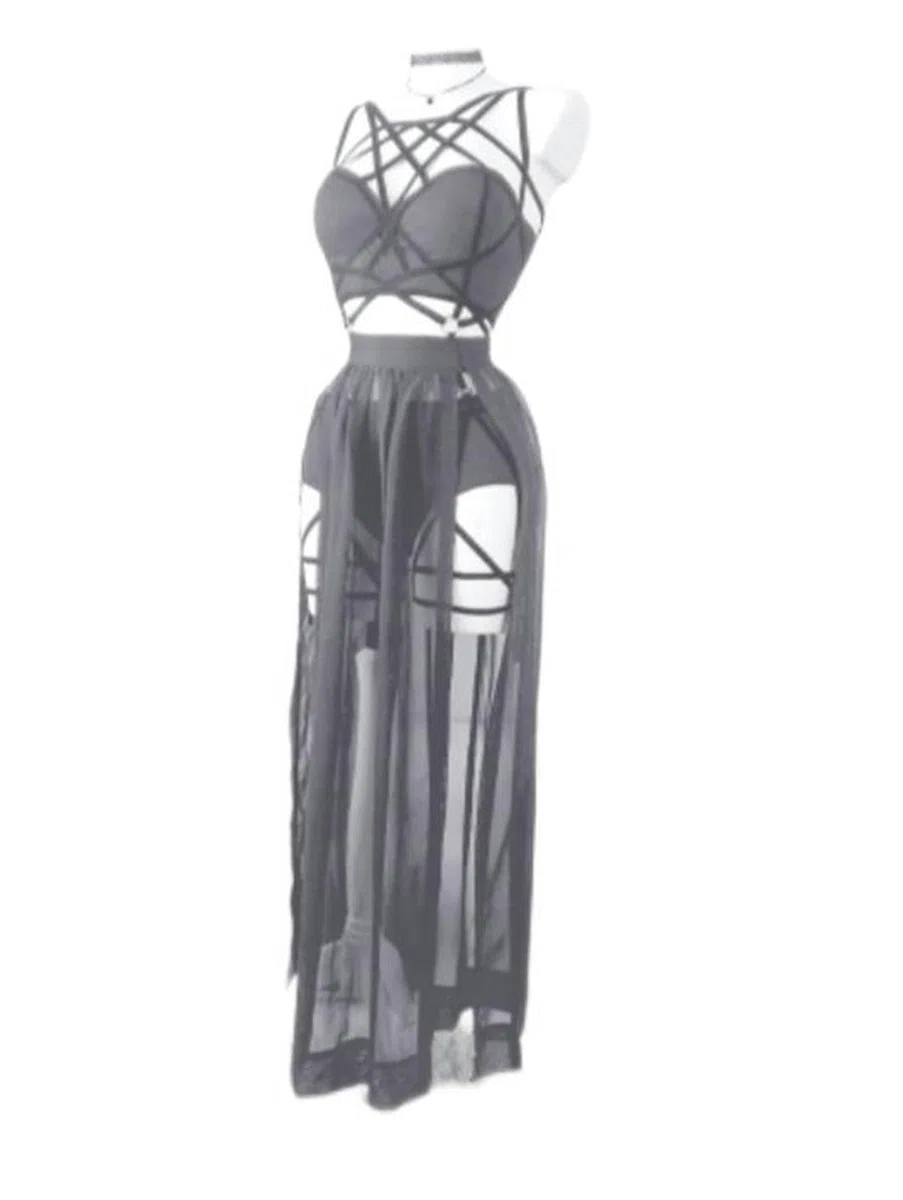 Completo Intimo Tre Pezzi con Abito con Spalline e Cuscinetti per Il Petto, Bellissima Gonna in Garza - Nero - M