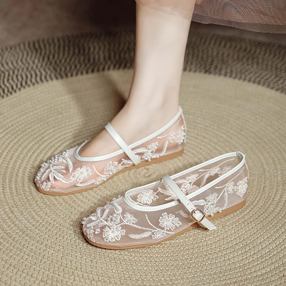 Générique Ballerine Donna - Scarpe Comfort Donna Scarpe Moda e Sport per Donna Rete Ricamo Perline Bride Mary Jane Suola piatta Confortevole Città Matrimonio Serata Estate
