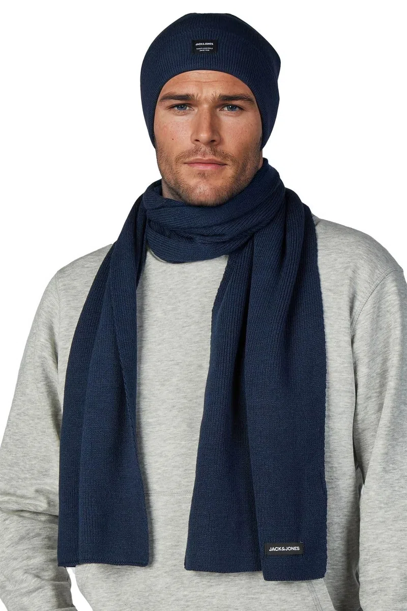JACK & JONES Set di cappelli da uomo, 2 in 1, invernale, berretto invernale, sciarpa invernale, nero, blu, grigio, beige