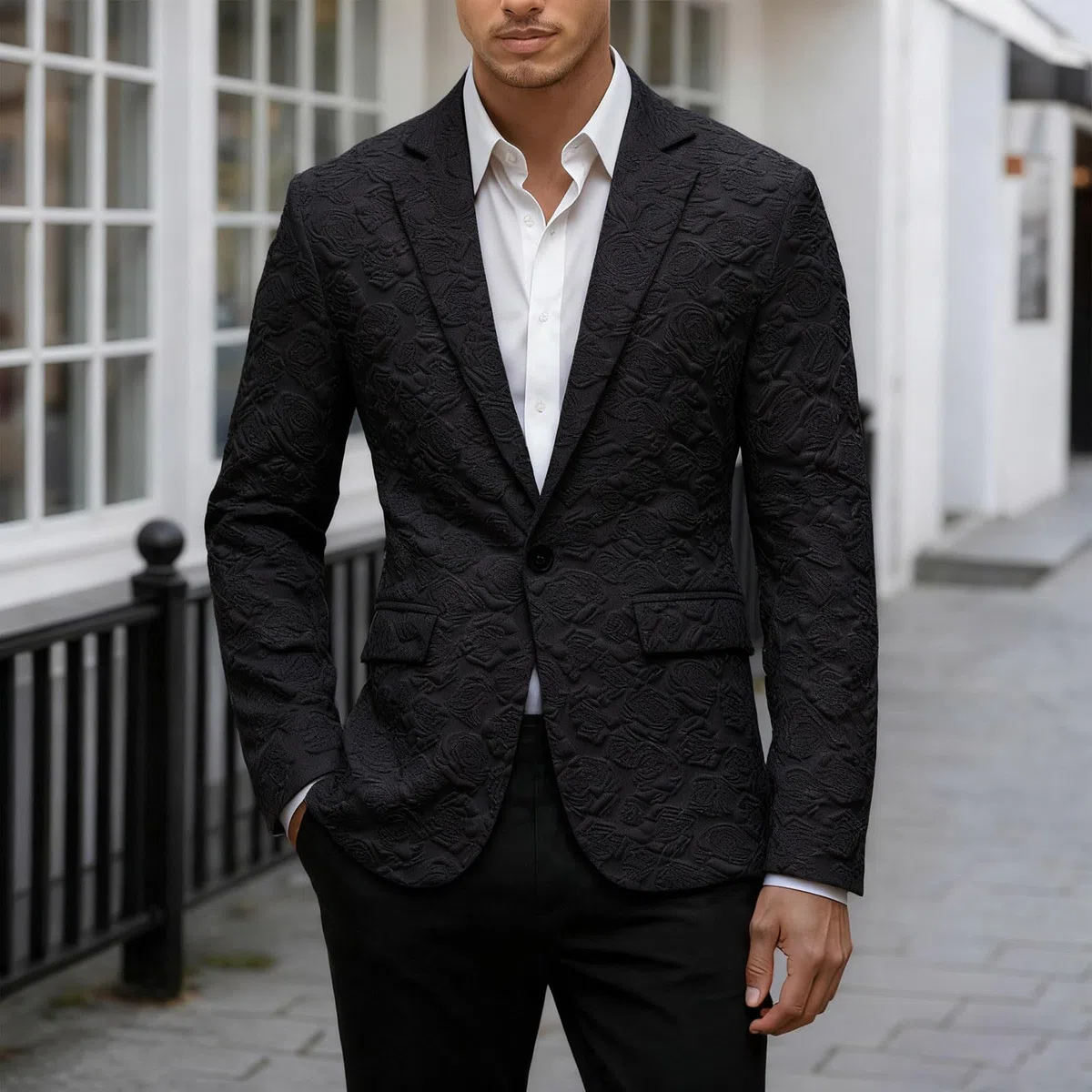 Generisch Giacca da uomo con goffratura floreale, elegante blazer jacquard per occasioni festive, giacca slim fit con superficie strutturata