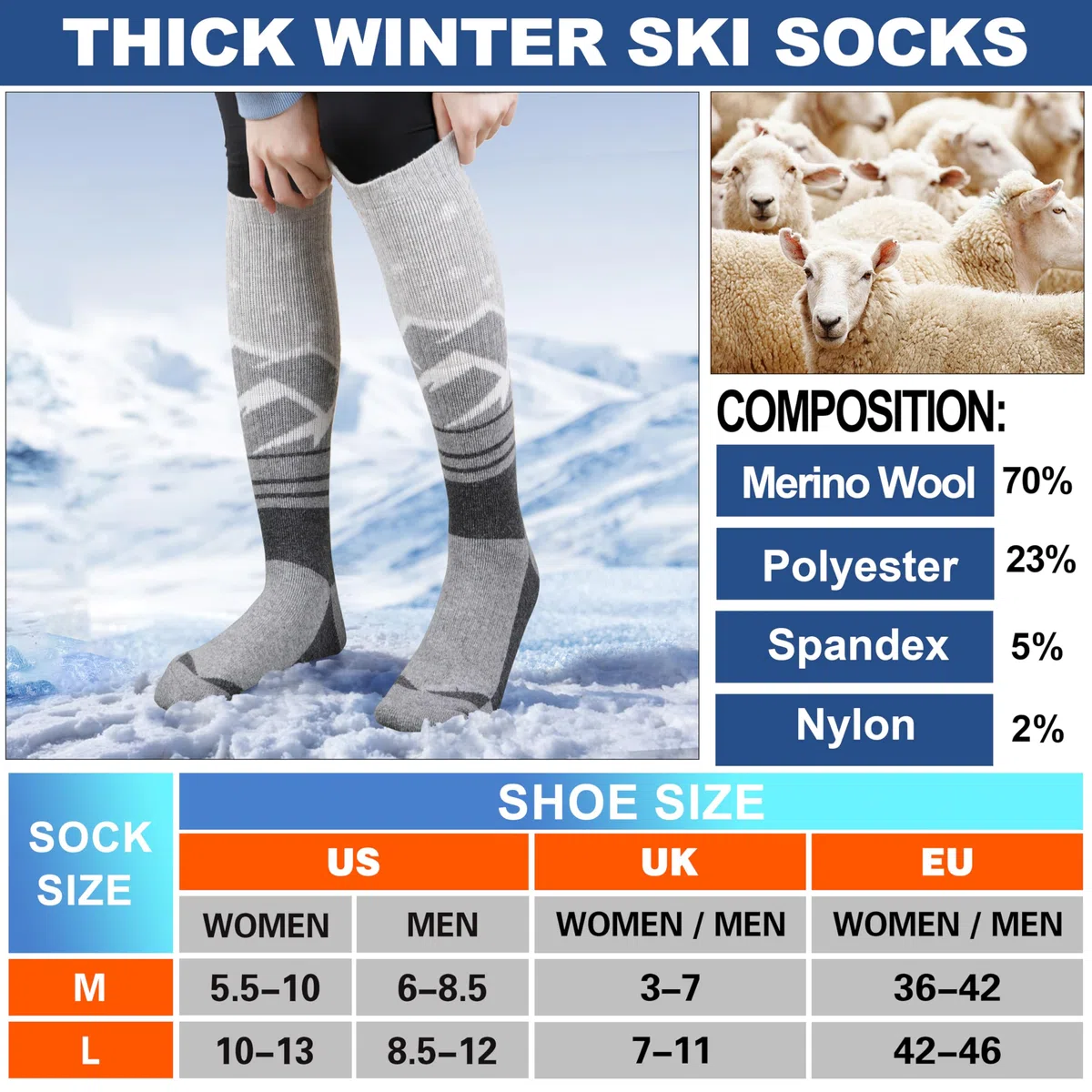 Sandsuced 3 coppie di calzini da sci in lana merino calzini da sci termici caldi invernali spessi ginocchio alto snowboard per donne uomini