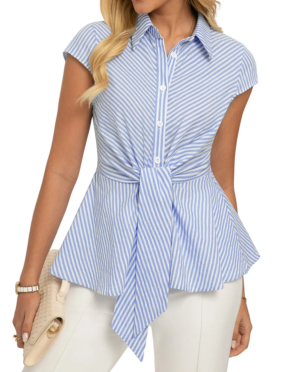 GRACE KARIN Camicetta da donna a righe estiva in cotone peplo elegante casual ufficio lavoro camicetta cravatta frontale manica ad aletta tunica