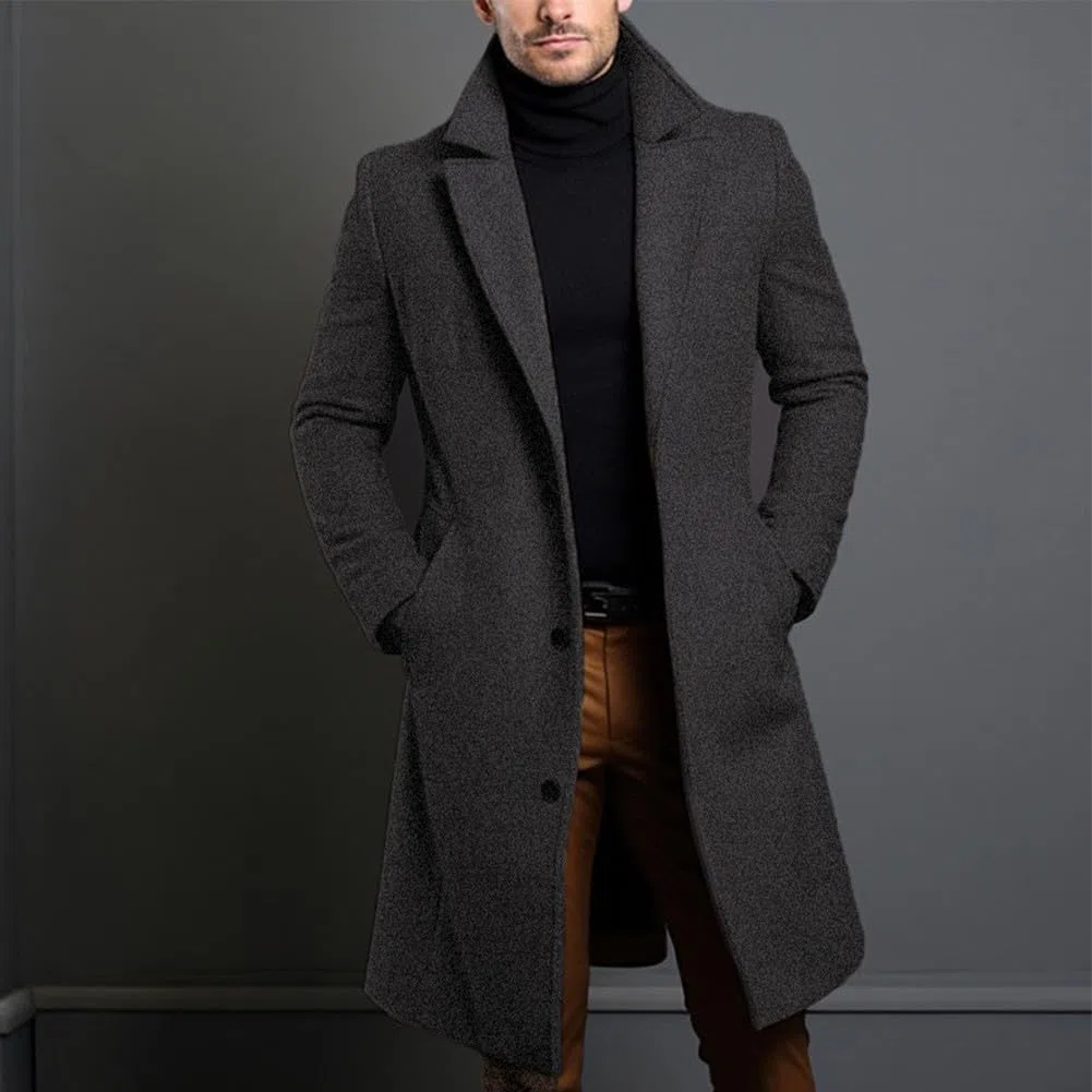 Cappotto da uomo nero di lusso, soprabito lungo e caldo a petto singolo (S Grigio scuro)