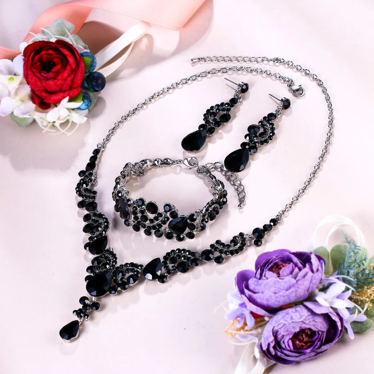EVER FAITH Collana e Bracciale e Anello, Rhinestone Cristallo Nuziale Art Deco Floreale Onda Goccia Collana Orecchini Braccialetto Set di Gioielli