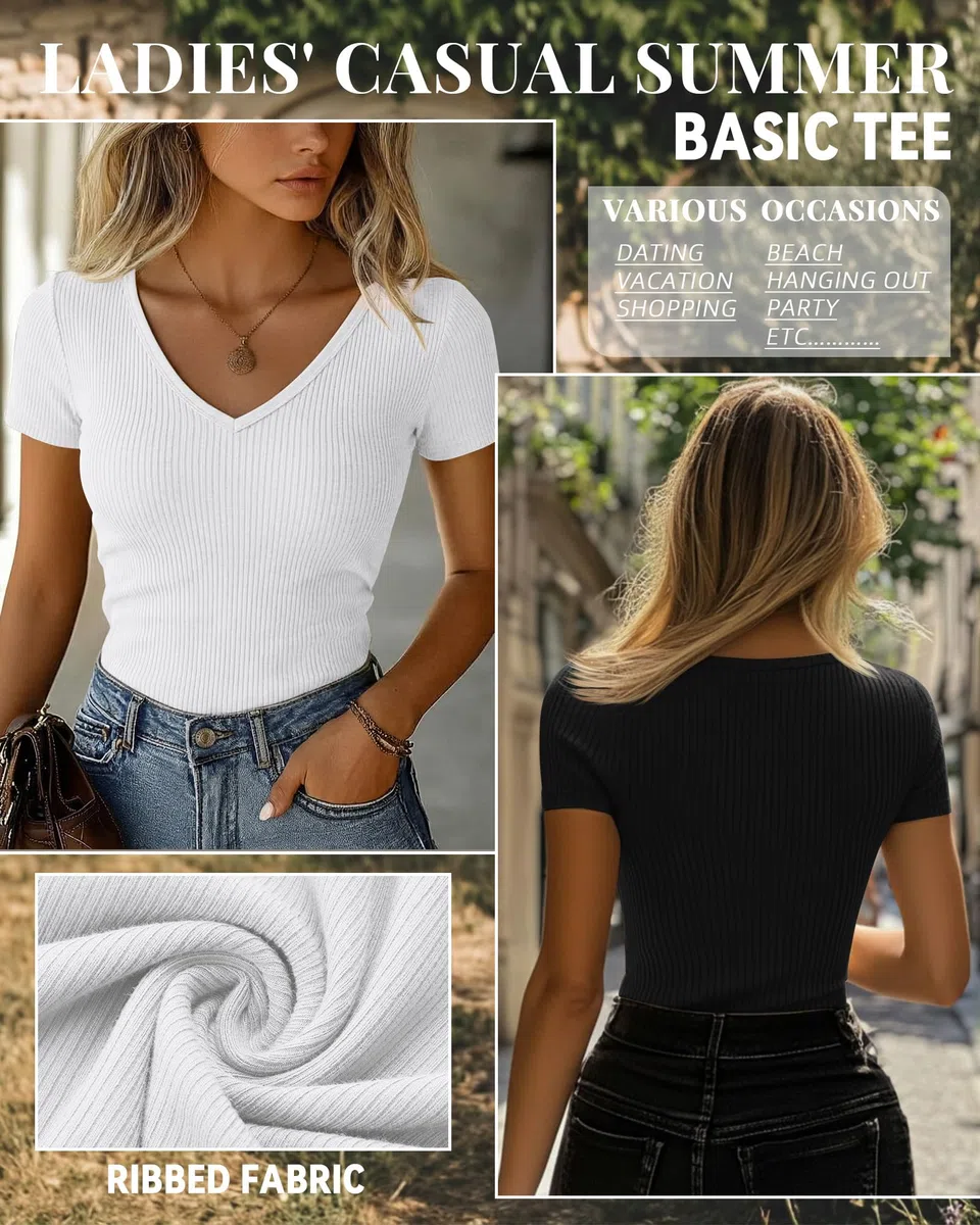 Ficerd Confezione da 3 T-Shirt da Donna in Cotone a Maniche Corte con Scollo a V e vestibilità Slim a Coste Maglietta Estiva
