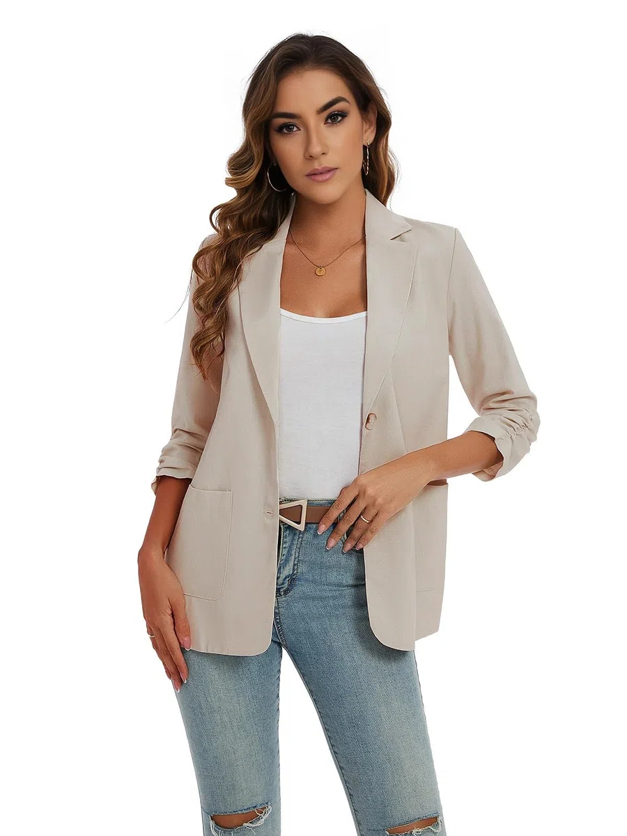 Blazer da donna a 3/4 con maniche increspate in cotone e lino, leggero, estivo, giacche eleganti con tasche con bottoni