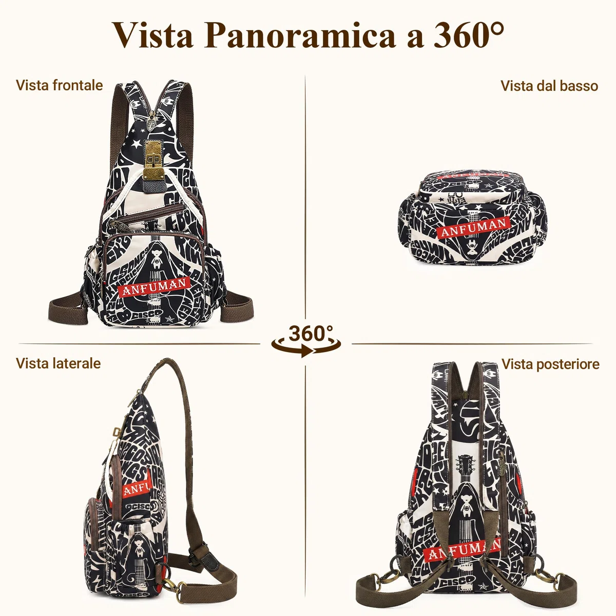 Retrò Zaino Piccolo Donna Quotidiano Casuale Antifurto Moda Borsa Da Petto Viaggi Lavoro Shopping Borse A Tracolla Stampato Messenger Borsa A Spalla Nylon Zaini Borsetta Nero B