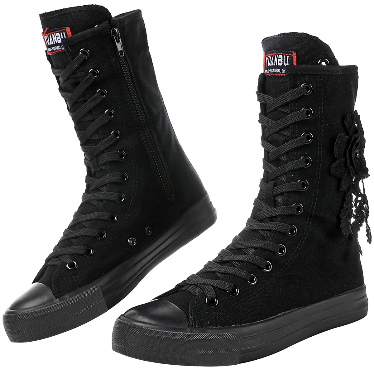 rismart Donna Tela Stivali Metà Polpaccio Floreale High Tops Stringate Scarpe