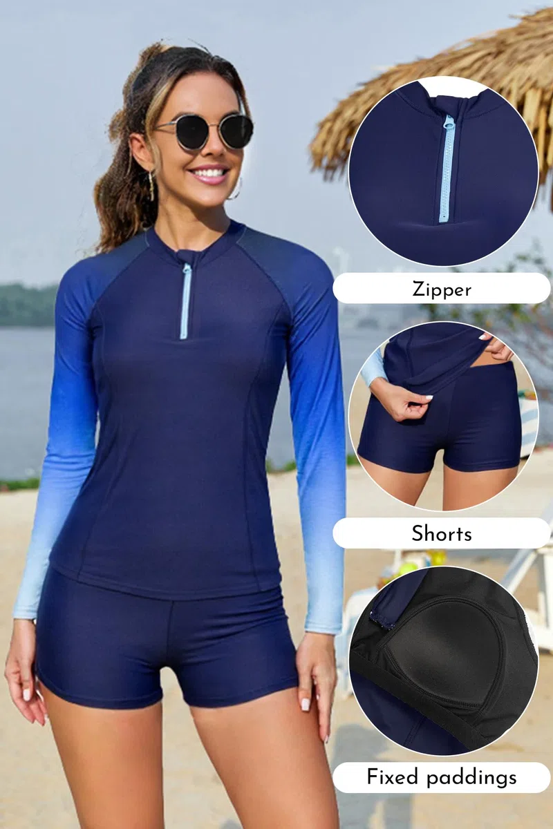 SHEKINI Set di 2 pezzi Rash Guard da donna a maniche lunghe, costume da bagno da donna con cerniera, costume da bagno tankini da surf