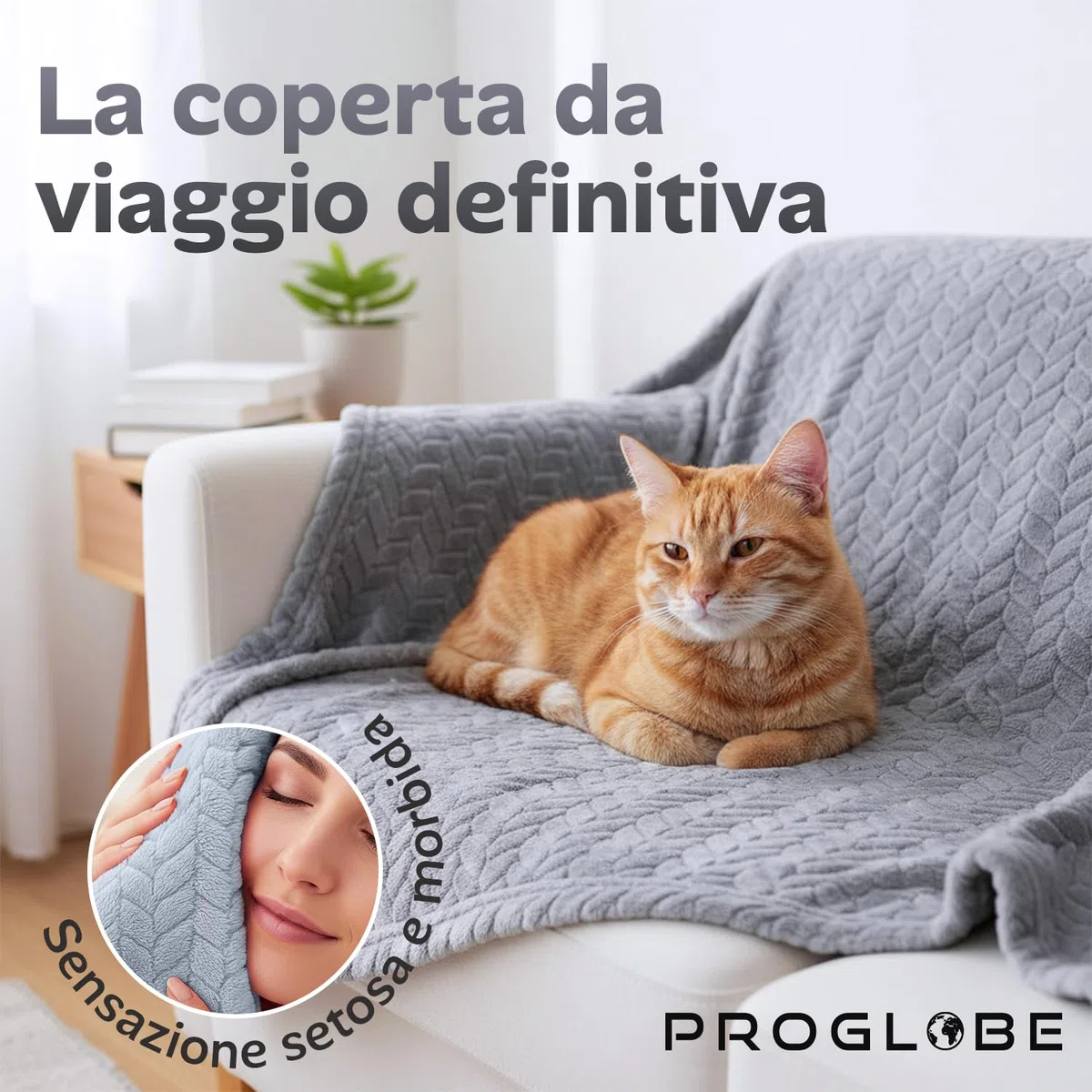 Proglobe Coperta da Viaggio Morbida & Calda per Aereo & Auto - Indispensabile per Lunghi Voli per Donne, Uomini, Bambini - Cuscino Compatto con Custodia per Bagagli & Clip per Zaino, Grigio