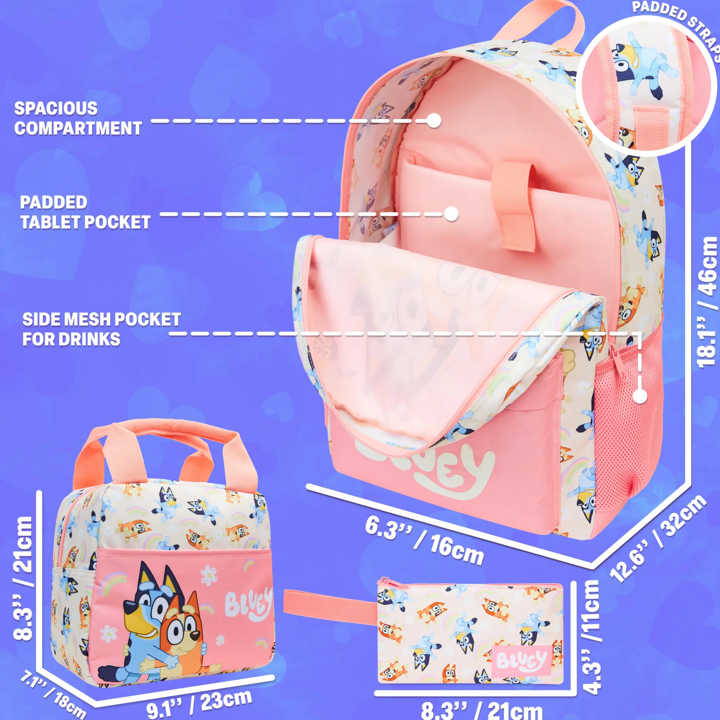 Get Trend Bluey Set Scuola 3 Pezzi Incluso Zaino Bambina, Borsa Termica Porta Pranzo e Astuccio con Zip Rinforzate, Idea Regalo (Multi Bluey)