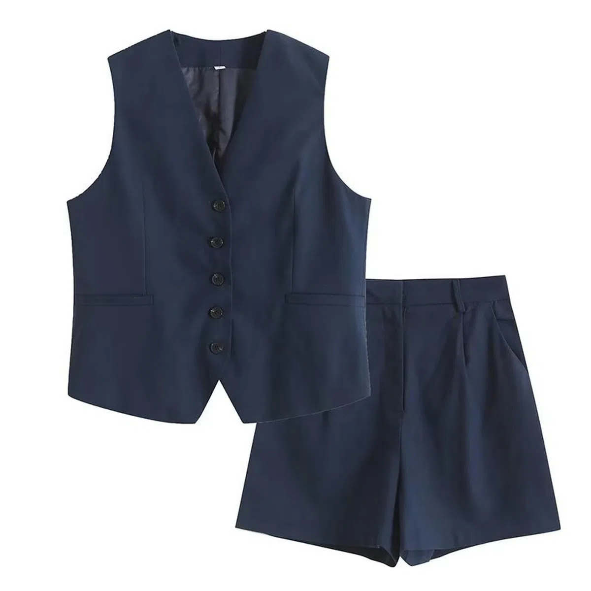 Set Gilet Casual Estivo Set Gilet Ampio in Misto Lino + Pantaloncini Set Donna-Abito Blu Navy A0-L
