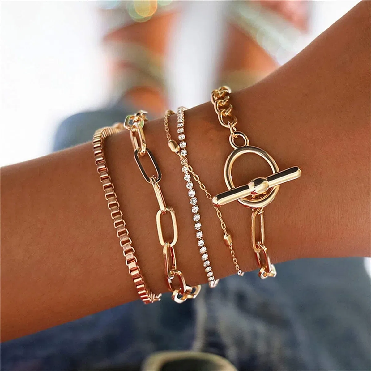 PULABO Set di 5 braccialetti color oro con bracciale a catena con strass, cavigliera regolabile, gioielli quotidiani fatti a mano per ragazze adolescenti durevole