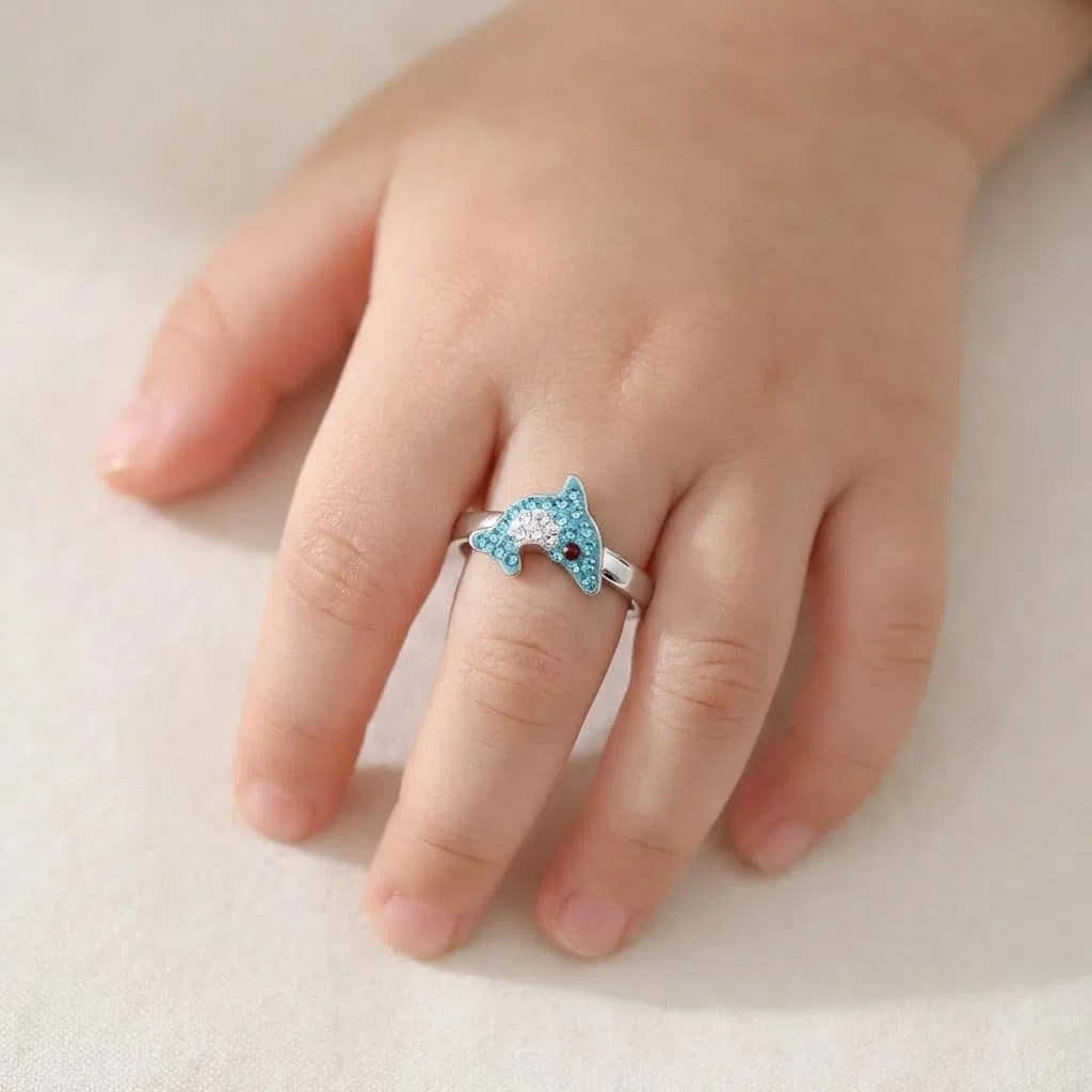Anello per bambini e ragazze, in argento Sterling 925 con delfino