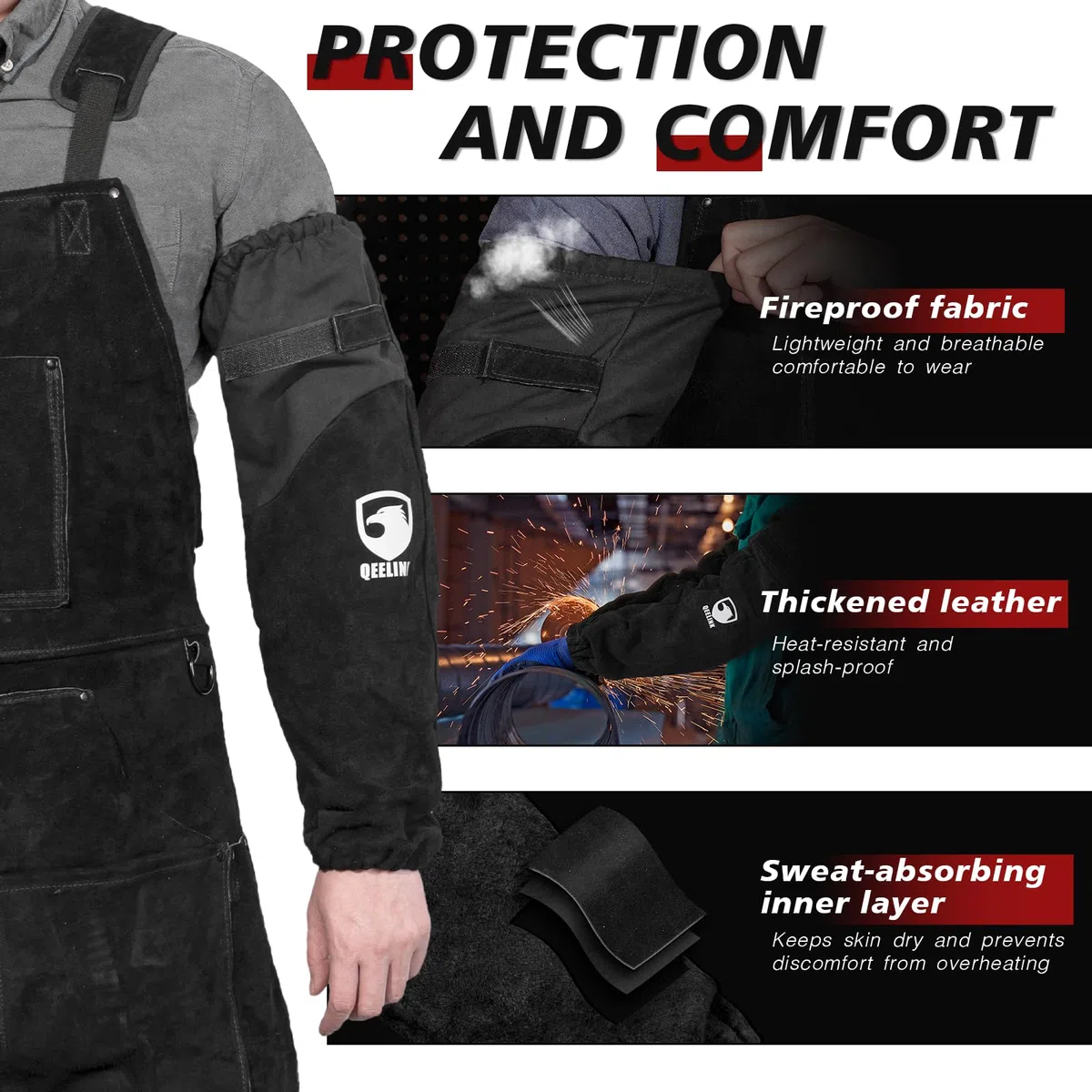 QeeLink Maniche da Lavoro per Saldatura in Pelle - per Uomini e Donne Resistenti al Calore e alle Fiamme con Cuciture in Kevlar e Fodera in Cotone