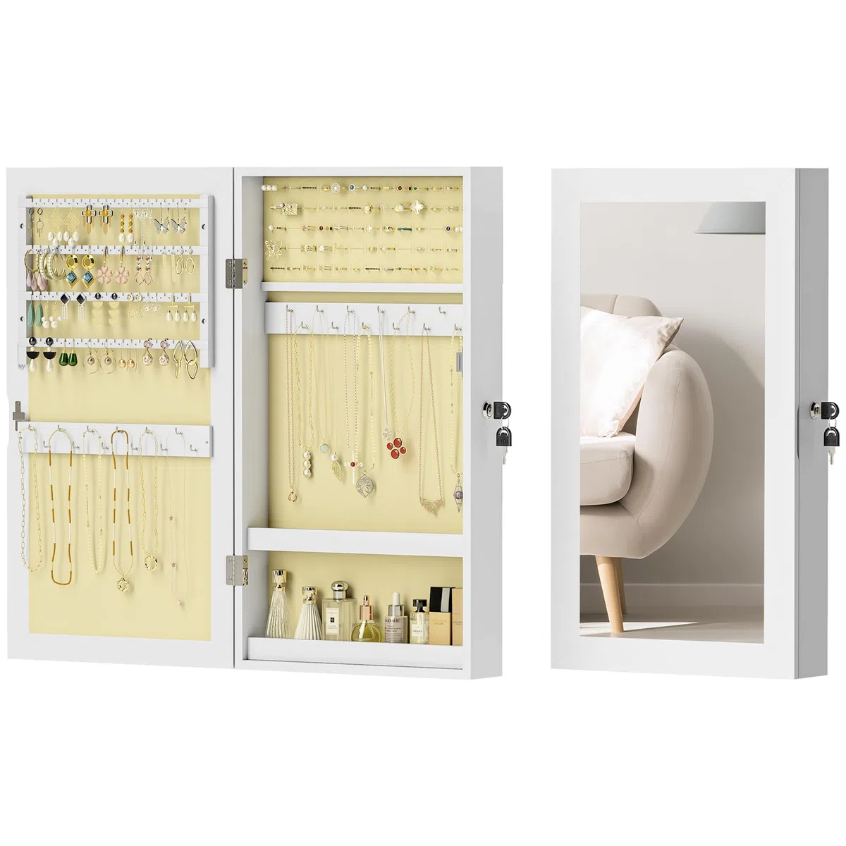 HOMCOM Specchio Portagioie con Design a Muro, Armadietto Portagioie con Chiusura con Chiave, Specchio a Figura Intera in MDF per Camera da Letto e Soggiorno, 36.5x9.5x67 cm, Bianco