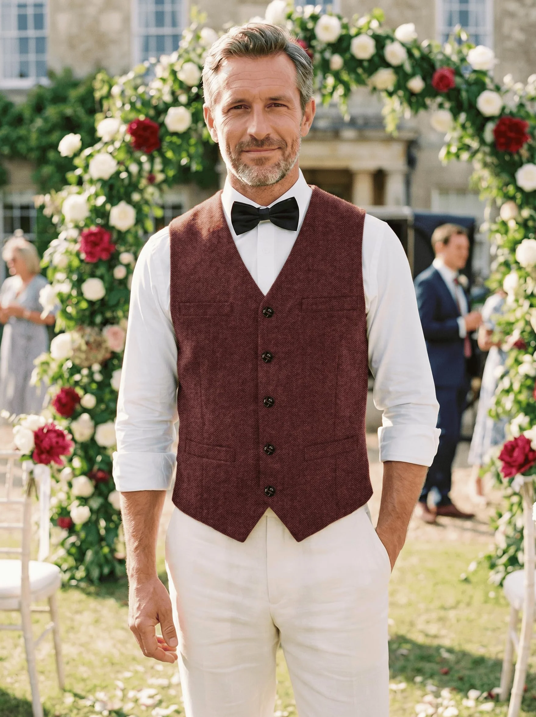 Solovedress - Gilet da uomo in lana, tessuto tweed, con motivo a spina di pesce, scollo a V, adatta per matrimoni