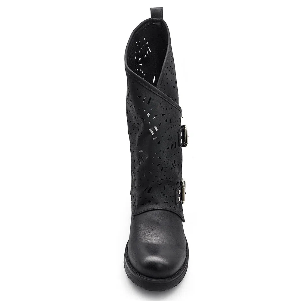 IF Fashion Scarpe Stivali da Donna Al Polpaccio Largo Biker Motociclista Con Fibbie Anfibi WZ688-66