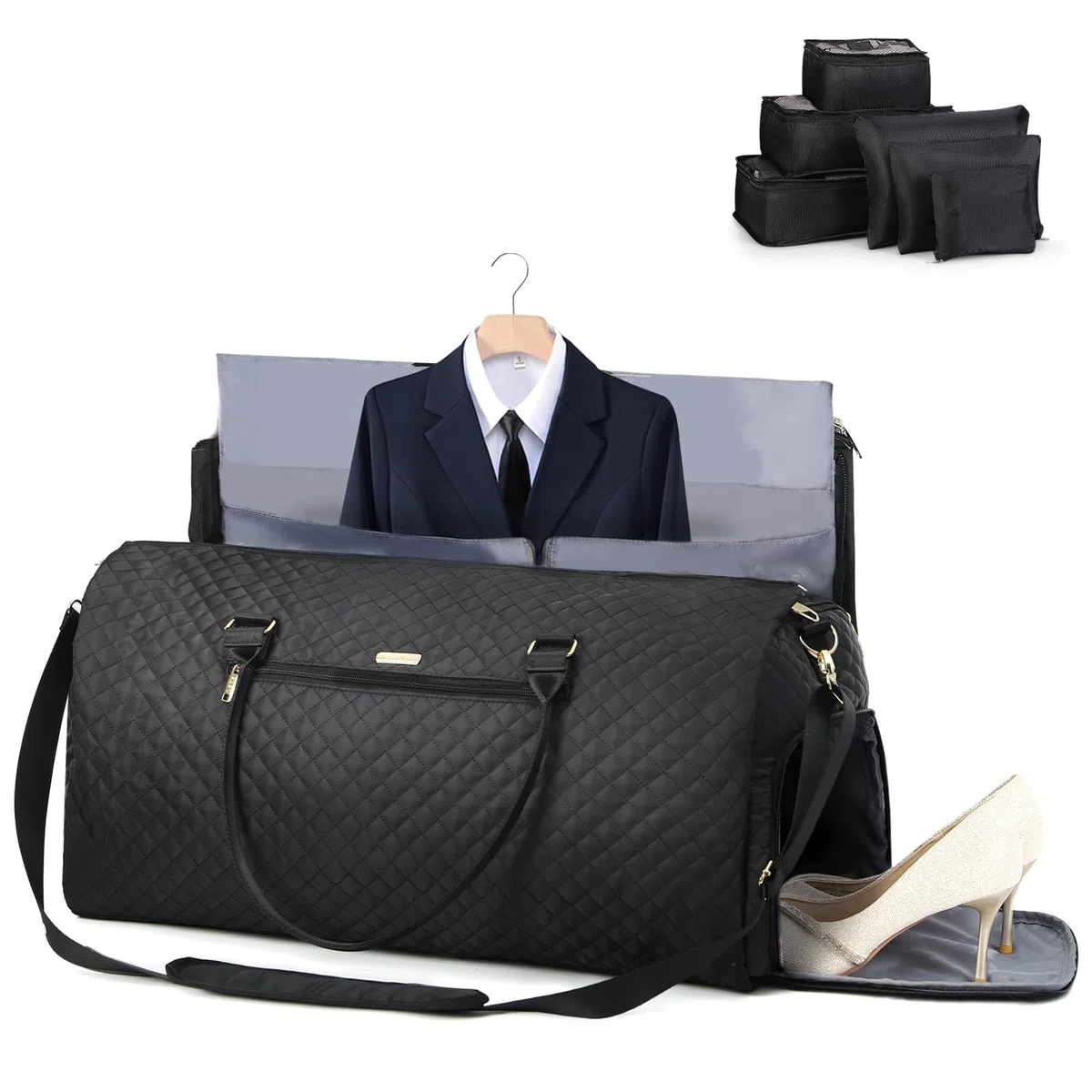Lekeinchi 2 in 1 Porta Abiti da Viaggio Donna, Impermeabile Borsa da Viaggio Porta Abiti Pieghevole con 6 Cubi da imballaggio e Porta Scarpe, Travel Bag Borsone Uomo for Palestra, Vacanze, Nero
