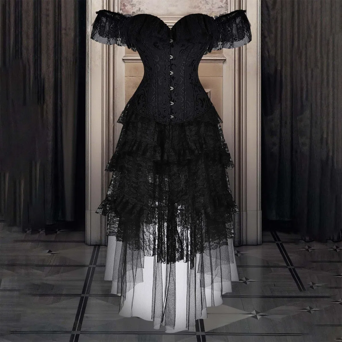 Abito vittoriano, da donna, in pizzo, con maniche in pizzo, corsetto, abito da corsetto, abito da vampiro, costume da vampiro, camicia da pirata, corsetto, costume da halloween