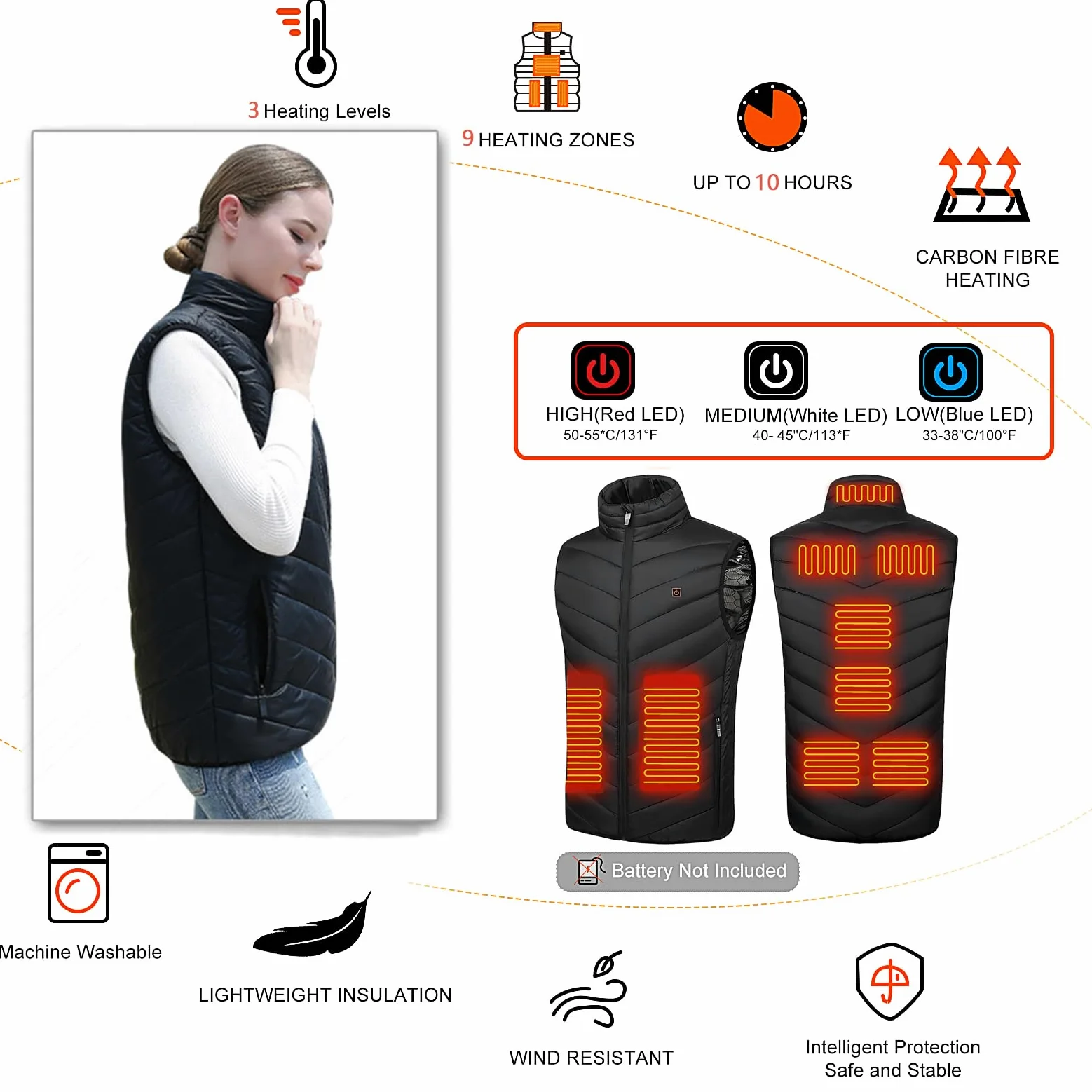 Monave Gilet Riscaldato Donna,Giubbotto Riscaldato con 9 Elementi Riscaldanti in Fibra di Carbonio 3 Livelli di Temperatura Controllo a Doppio Pulsante per Moto Pesca Attività all'Aperto Nero