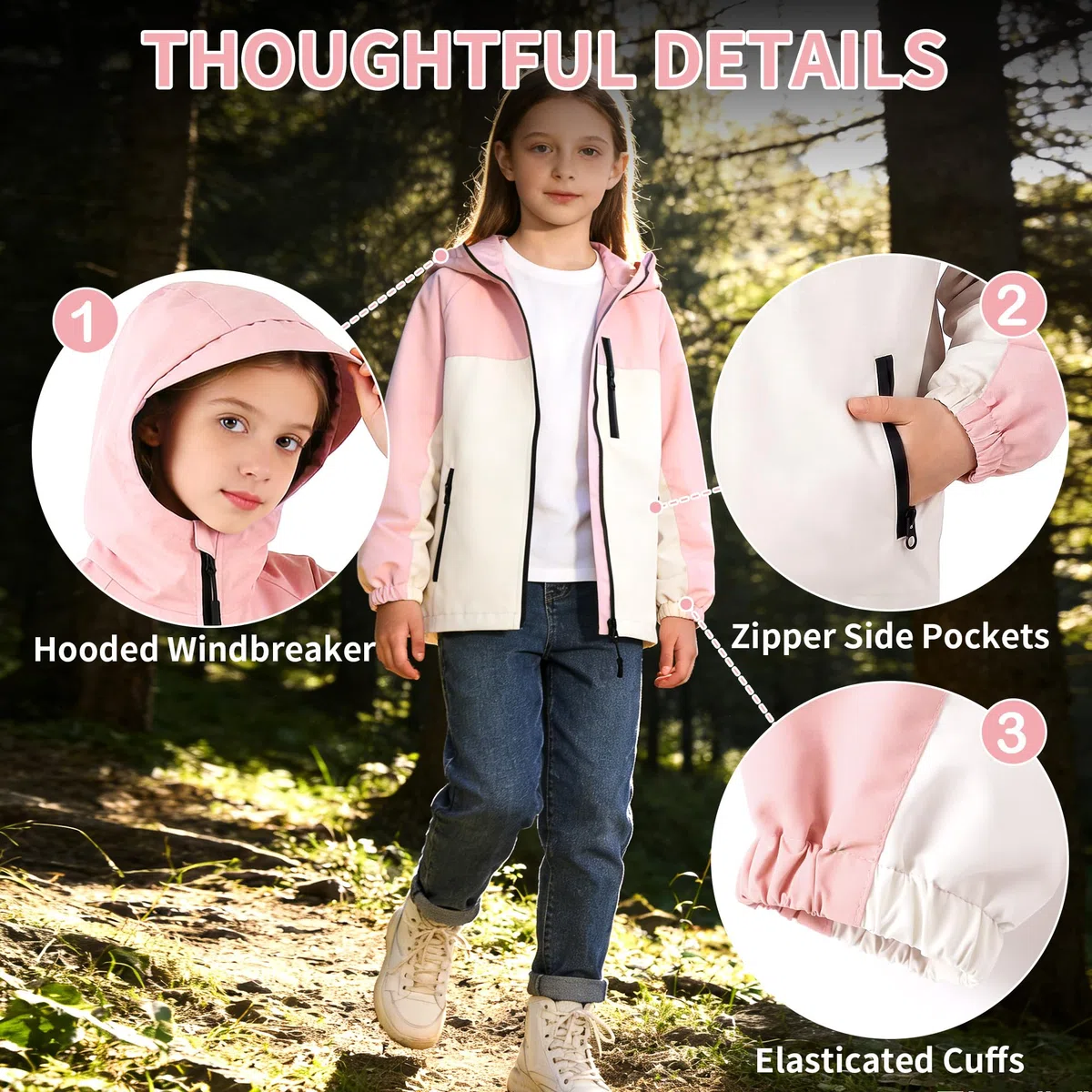 Giacca Impermeabile Bambini, Giacche Antivento con Strisce Riflettenti e Tasche Cerniera, Leggero Abbigliamento Esterno con Cappuccio Ragazze Ragazzi Outdoor Scuola per Età 5-13