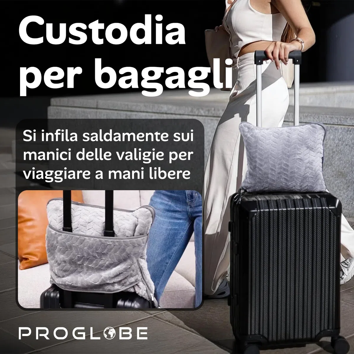 Proglobe Coperta da Viaggio Morbida & Calda per Aereo & Auto - Indispensabile per Lunghi Voli per Donne, Uomini, Bambini - Cuscino Compatto con Custodia per Bagagli & Clip per Zaino, Grigio