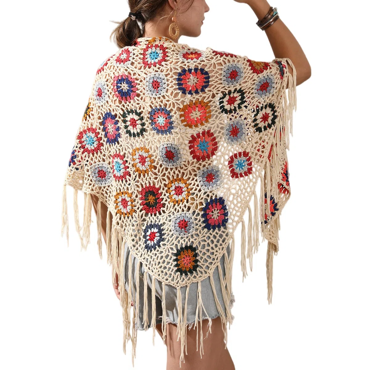 Poncho fatto a mano all'uncinetto con frange mantello scialli avvolge nonna quadrato donna cappotto maglione