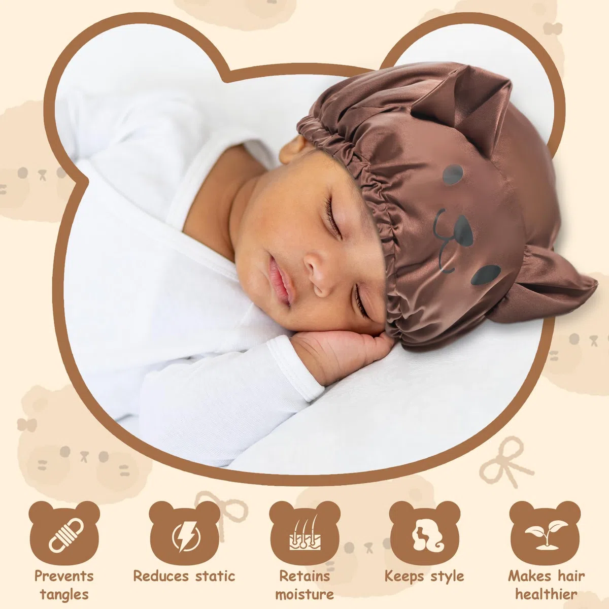 Lolalet Carino Cuffia Seta Capelli Notte per Bambino, Silk Bonnet per Ragazze/Adolescenti Capelli Ricci (Orso)