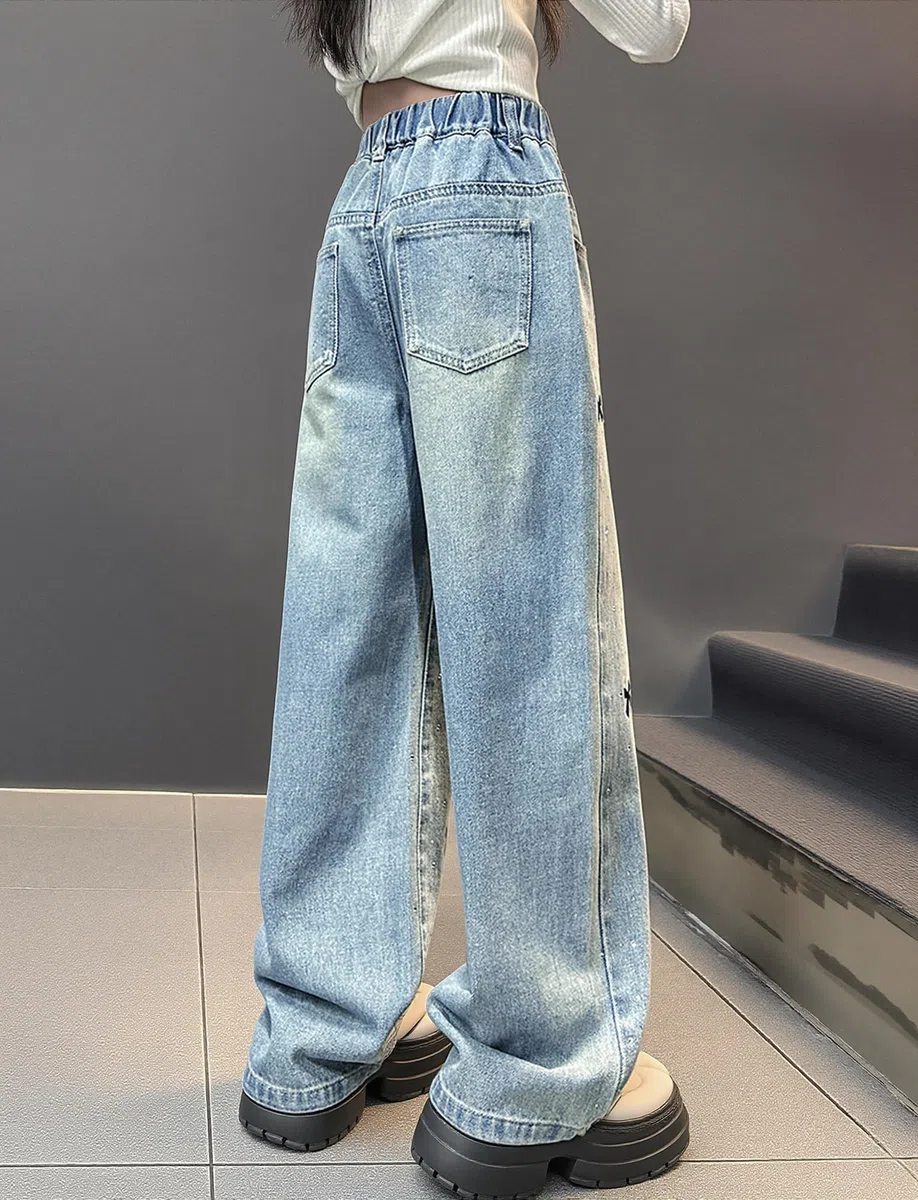 FEOYA Jeans Baggy per Bambina 5-13 Anni, Vita Elastica, Tasche, Denim Vintage con Cuori, Wide Leg Pantaloni Larghi per Ragazza
