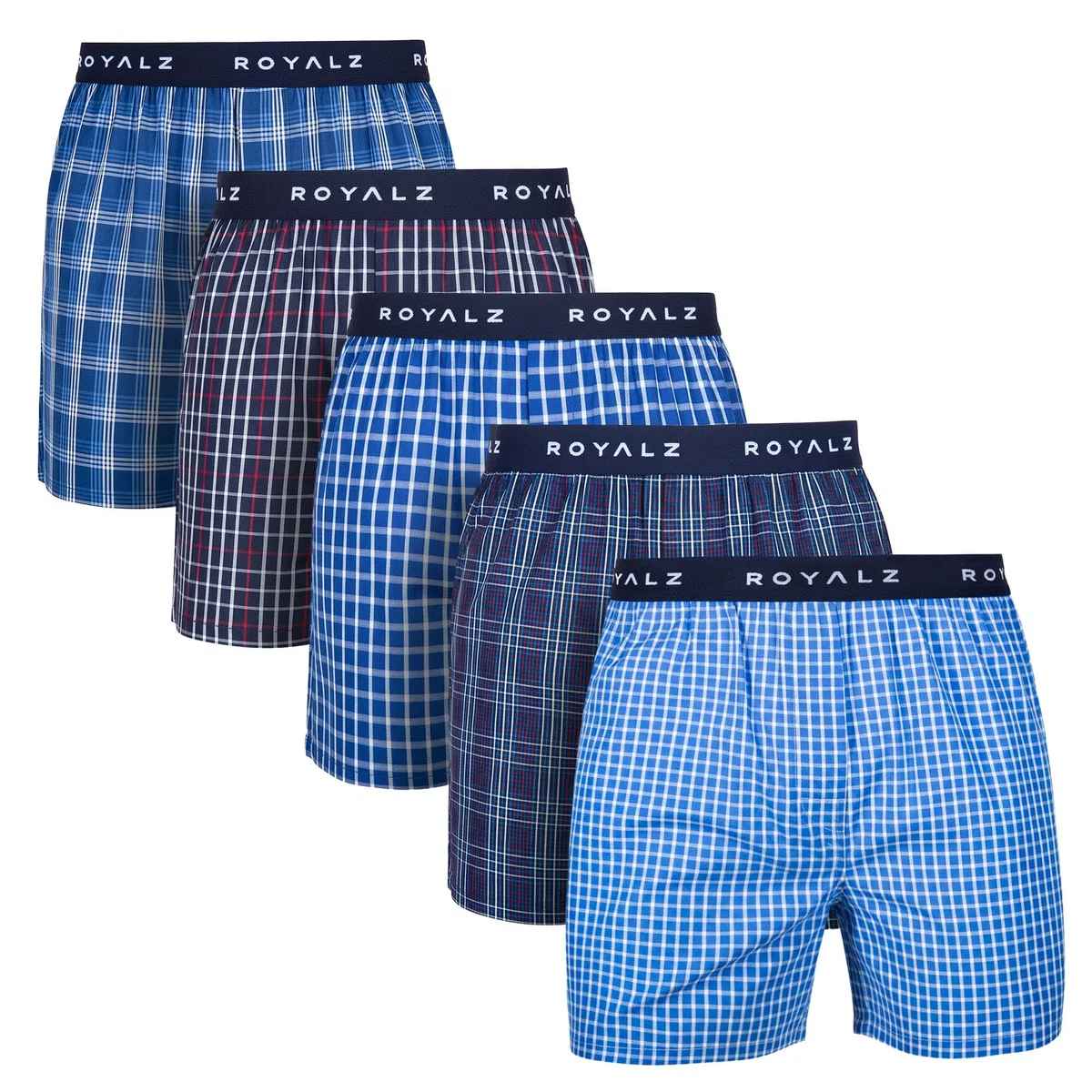 ROYALZ Boxer Uomo Cotone 100 per Cento (Confezione da 5 Pezzi) - Mutande Boxer Americani Uomo Larghi - Briefs Intimo con Motivo a Quadri Blu