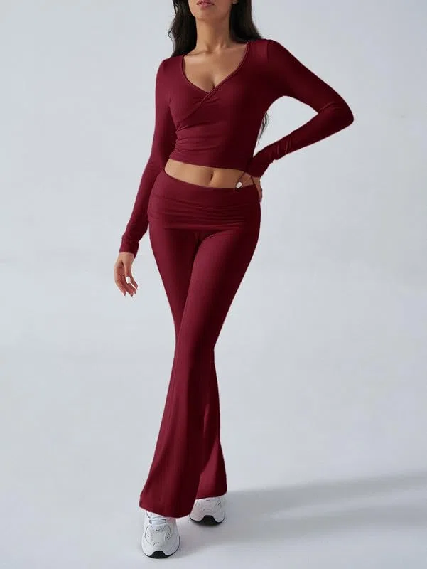 Tuta Donna Casual 2 Pezzi Completo Sportivo Maniche Lunghe Crop Top e Pantaloni a Zampa Tute Scollo a V Slim Fit Lounge Set Elegante per Yoga Palestra Fitness Jogging Outfit Y2K Streetwear