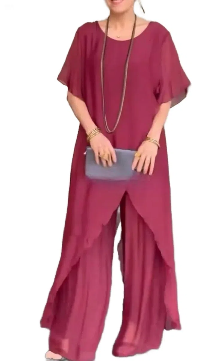 Generico Completo Casual da Donna in Chiffon Fluido da 2 Pezzi: Camicetta Ampia con Orlo Irregolare a Maniche Medie e Pantaloni Larghi e fluidi a Gamba Larga